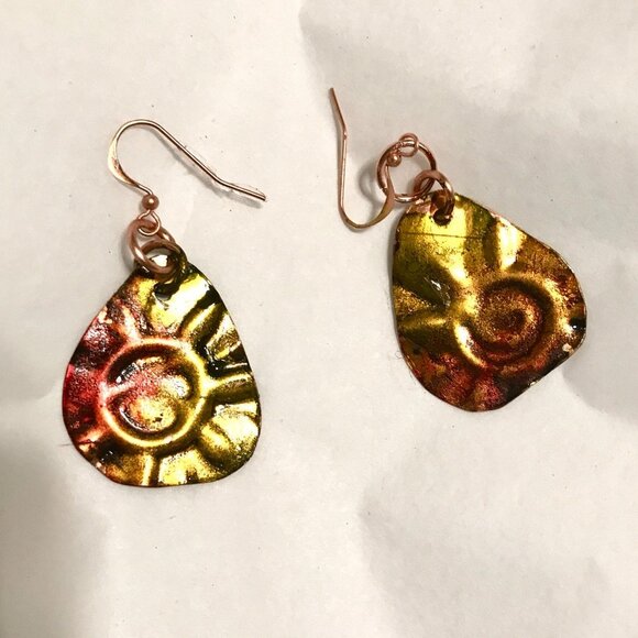 Handmade Colorful Floral Solid Copper Earrings Boho Festival Gift Cute Artsy Dan - Picture 5 of 7